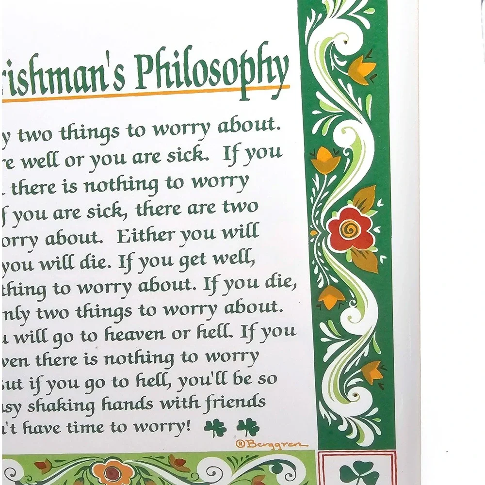 Vintage Berggren An Irishmans Philosophy Ceramic Tile Wall Hanging Decor 6x6